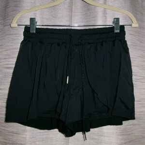 Women's Black Athletic Ruffle-Trim Shorts with Drawstring Waist